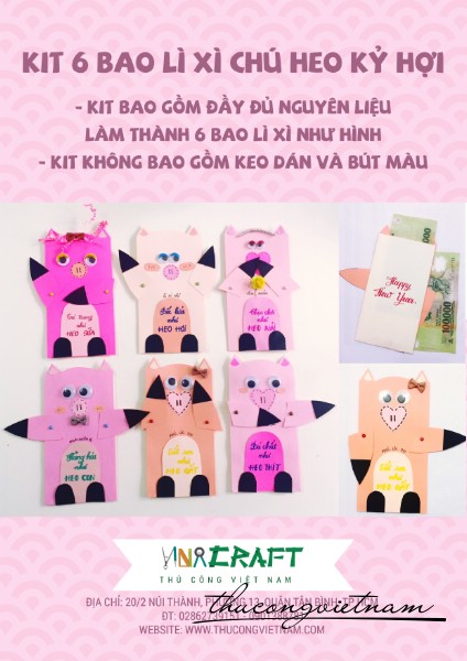Kit 6 bao lì xì chú heo kỷ hợi màu hồng